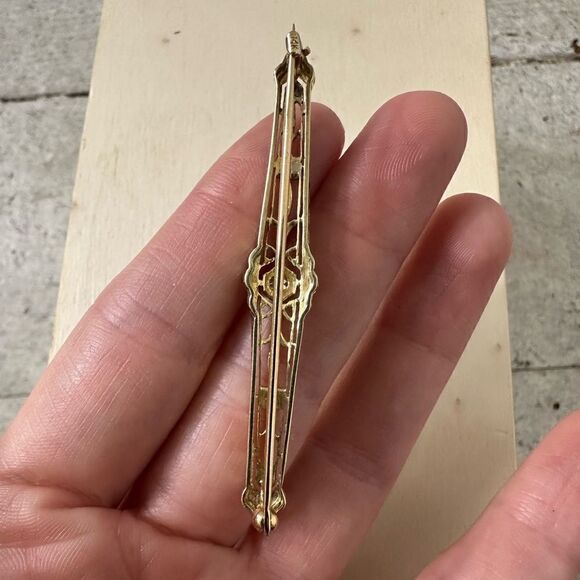 Antique Art Deco 14k Gold With Diamond Bar Brooch - Picture 7 of 9